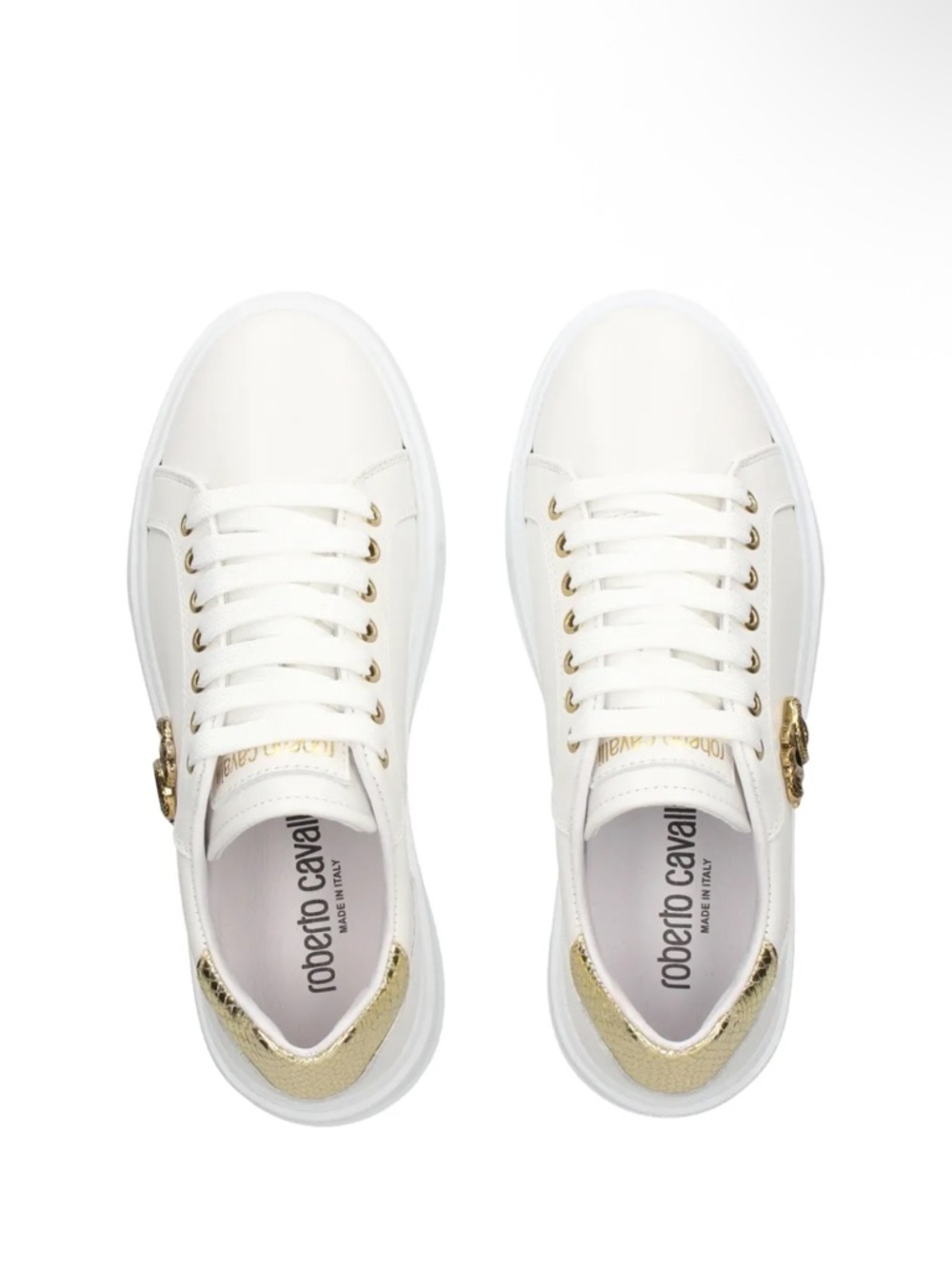 Roberto Cavalli White Leather Sneakers with Gold Snake-Logo Accent - Picture 3 of 8